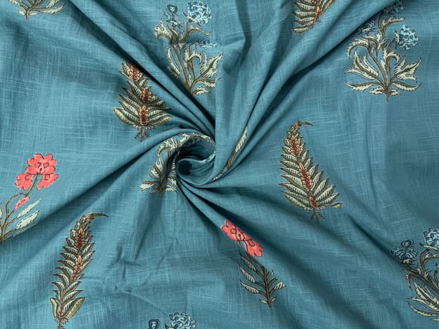 Blue Floral Cotton Slub Fabric