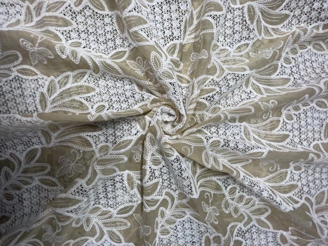 Beige Floral Tencel Prada Embroidery Fabric