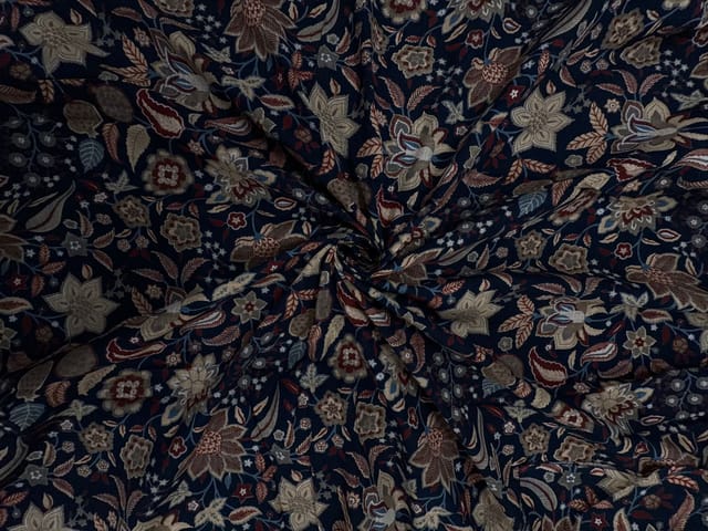 Navy Blue & Red Floral Cotton Slub Fabric