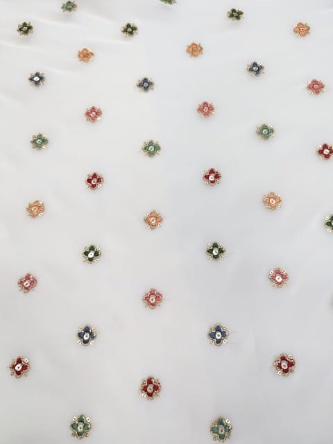 White Georgette Fabric With Multi Embroidered Butti