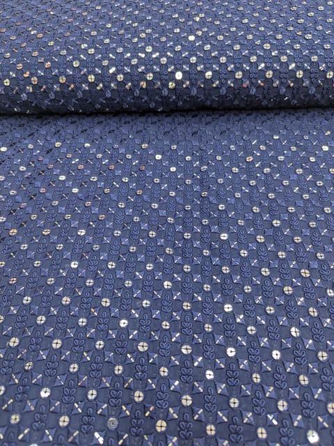 Navy Blue Georgette Fabric With Embroidery and Sequins Work