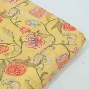 Yellow with Multi Color Mal Chanderi Printed Fabric