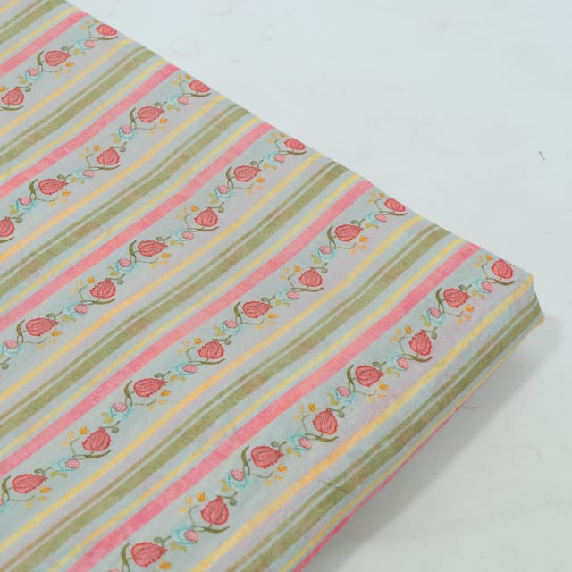 Sky Blue with Multi Color Mal Chanderi Printed Fabric