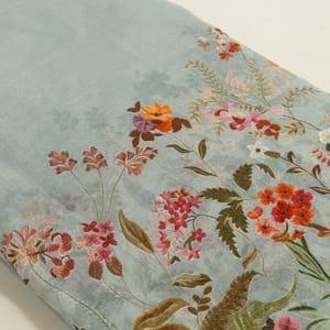 Sky Blue Color Mal Chanderi Embroidered Fabric