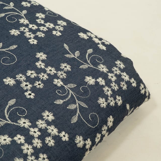 Blue Colour Denim Embroidered Fabric