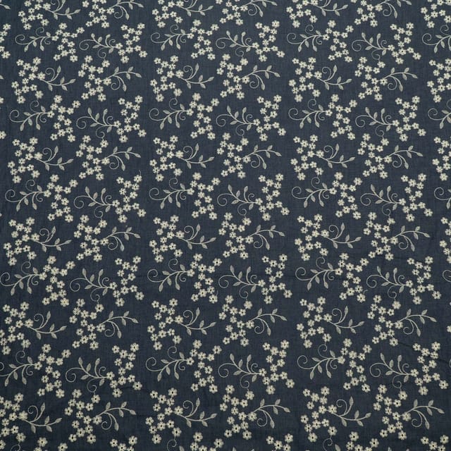 Blue Colour Denim Embroidered Fabric