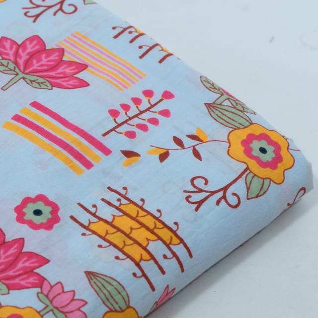 Sky Blue Color Cambric Cotton Printed Fabric