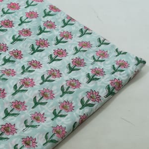 Sky Color Cambric Cotton Block Printed Fabric