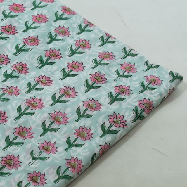Sky Color Cambric Cotton Block Printed Fabric