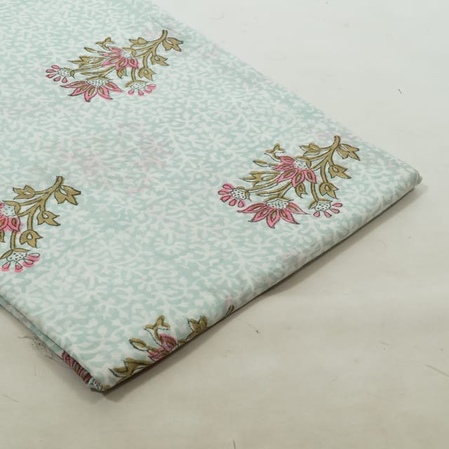 Sky Color Cambric Cotton Block Printed Fabric