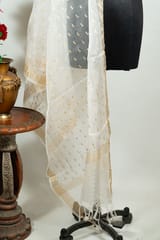 Off White Dyeable Organza Dupatta with Golden Border – Elegant & Versatile
