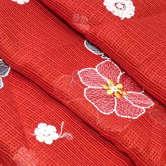 Dark Red Kota Checks Embroidered Floral Fabric – Thread & Sequins Work