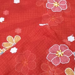 Dark Red Kota Checks Embroidered Floral Fabric – Thread & Sequins Work