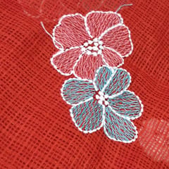 Dark Red Kota Checks Embroidered Floral Fabric – Thread & Sequins Work