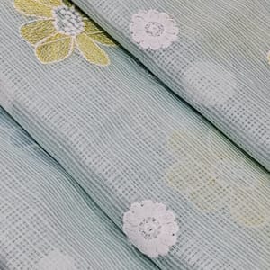 Sky Blue Kota Checks Embroidered Floral Fabric – Thread & Sequins Work