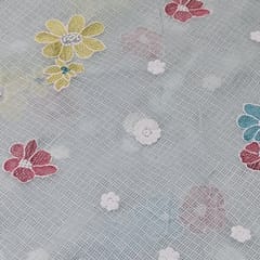 Sky Blue Kota Checks Embroidered Floral Fabric – Thread & Sequins Work