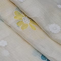Cream Kota Checks Embroidered Floral Fabric – Thread & Sequins Work