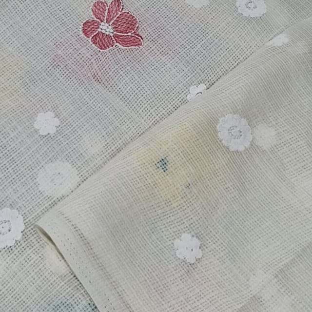 Cream Kota Checks Embroidered Floral Fabric – Thread & Sequins Work