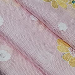 Baby Pink Kota Checks Embroidered Floral Fabric – Thread & Sequins Work