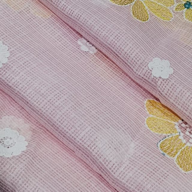 Baby Pink Kota Checks Embroidered Floral Fabric – Thread & Sequins Work