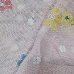 Baby Pink Kota Checks Embroidered Floral Fabric – Thread & Sequins Work