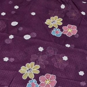 Wine Kota Checks Embroidered Floral Fabric – Thread & Sequins Work