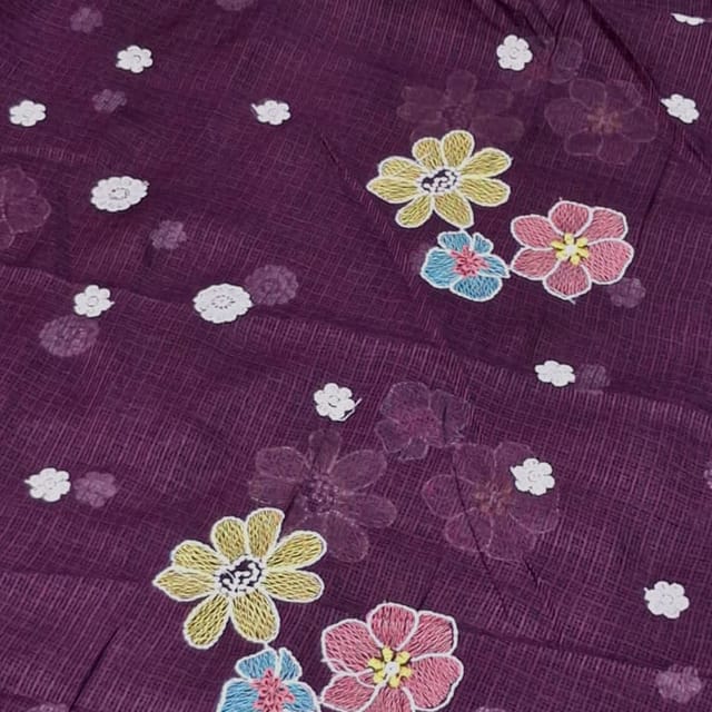 Wine Kota Checks Embroidered Floral Fabric – Thread & Sequins Work