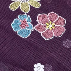 Wine Kota Checks Embroidered Floral Fabric – Thread & Sequins Work