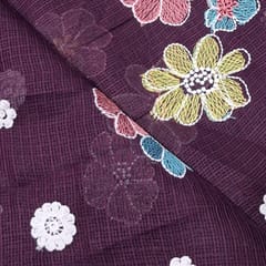 Wine Kota Checks Embroidered Floral Fabric – Thread & Sequins Work