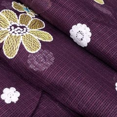 Wine Kota Checks Embroidered Floral Fabric – Thread & Sequins Work