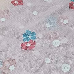 Lavender Kota Checks Embroidered Floral Fabric – Thread & Sequins Work