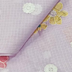 Lavender Kota Checks Embroidered Floral Fabric – Thread & Sequins Work