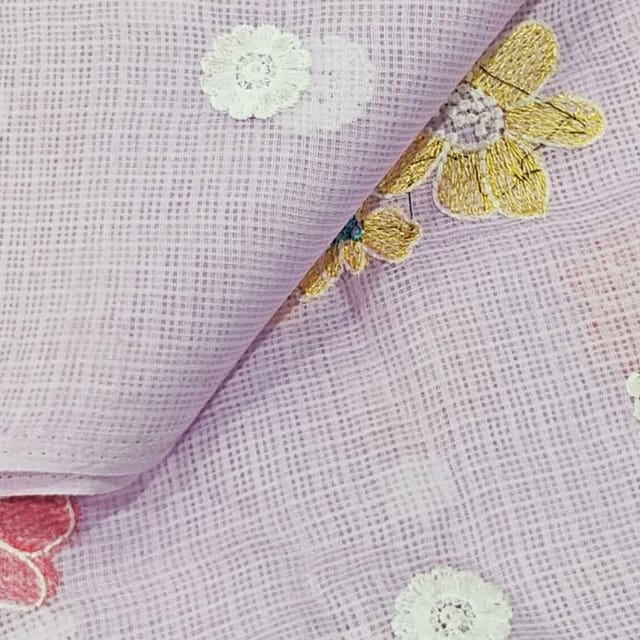 Lavender Kota Checks Embroidered Floral Fabric – Thread & Sequins Work