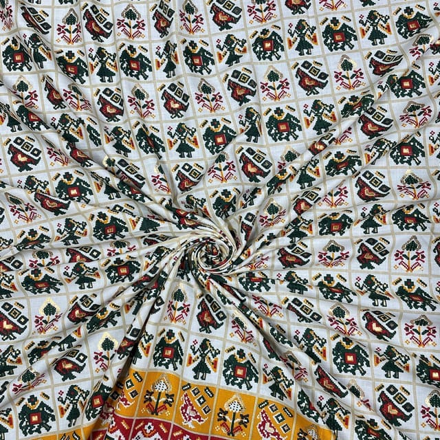 Bottle Green Colour Linen Slub Foil Printed Fabric