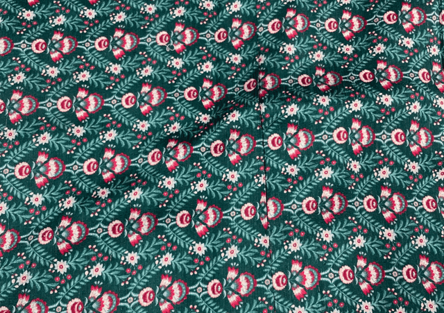 Pure Raw Silk Teal Green Red Flowers