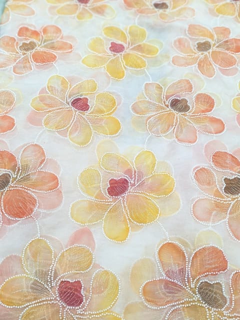 Yellow Positioned Print Fabric With Beads