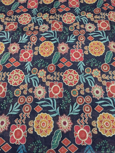 Navy Blue Linen Position Printed Fabric