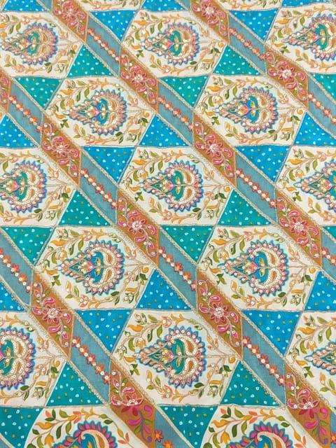Turquoise Blue Crepe Position Printed Fabric