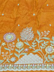 Orange Viscose Tissue Fabric With Multi Thread and Beads Embroidery