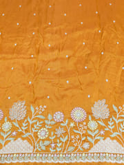 Orange Viscose Tissue Fabric With Multi Thread and Beads Embroidery