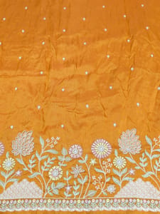 Orange Viscose Tissue Fabric With Multi Thread and Beads Embroidery
