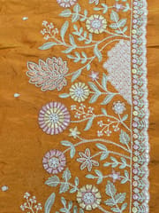 Orange Viscose Tissue Fabric With Multi Thread and Beads Embroidery
