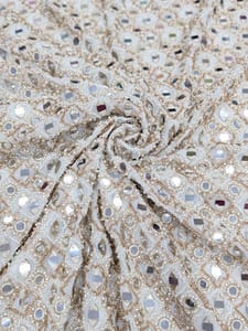 White Dyeable Georgette Fabric With Mirror & Beads Work