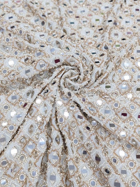 White Dyeable Georgette Fabric With Mirror & Beads Work