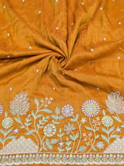 Orange Viscose Tissue Fabric With Multi Thread and Beads Embroidery