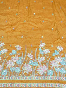 Orange Viscose Tissue Fabric With Multi Thread and Beads Embroidery
