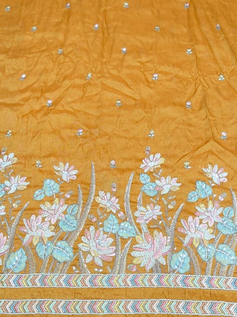 Orange Viscose Tissue Fabric With Multi Thread and Beads Embroidery