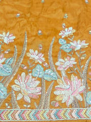 Orange Viscose Tissue Fabric With Multi Thread and Beads Embroidery