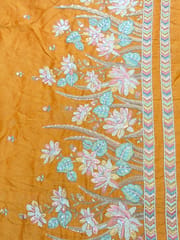 Orange Viscose Tissue Fabric With Multi Thread and Beads Embroidery