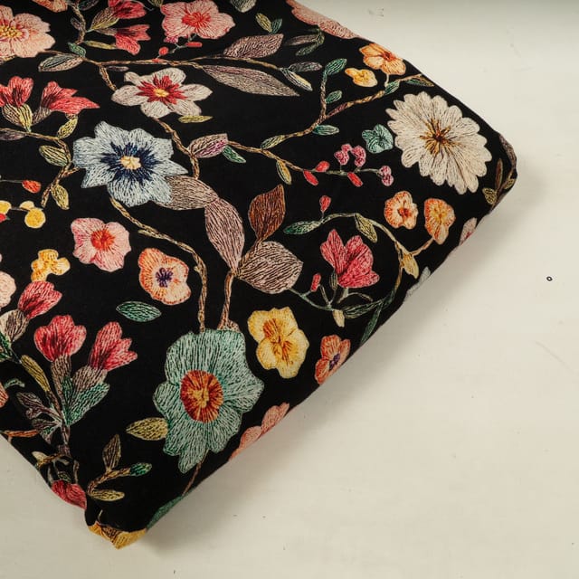 Black Multi Colour Floral Rayon Printed Fabric